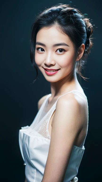 Beauty、actual, maid, A face as delicate as Audrey Hepburn(best quality, masterpiece, original photo, Super detailed:1.2), 1 girl, alone, looking at the audience, Smile,Gray and black gradient background,black background