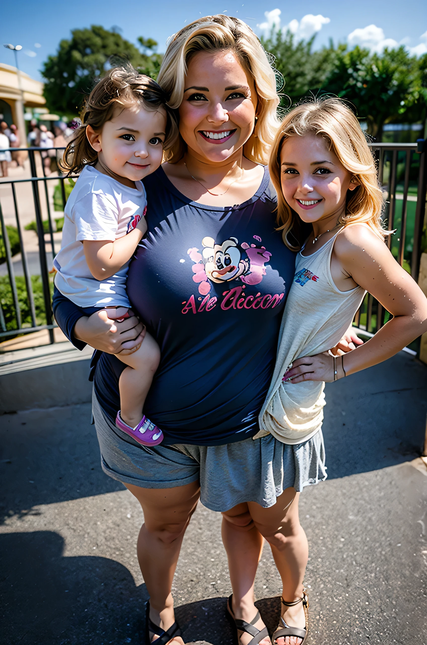 2heads, two headed mom, age 39, Irish, wavy blonde hair, curvy, loving, pretty, casual outfit, standing in Walt Disney World with her young daughter, 