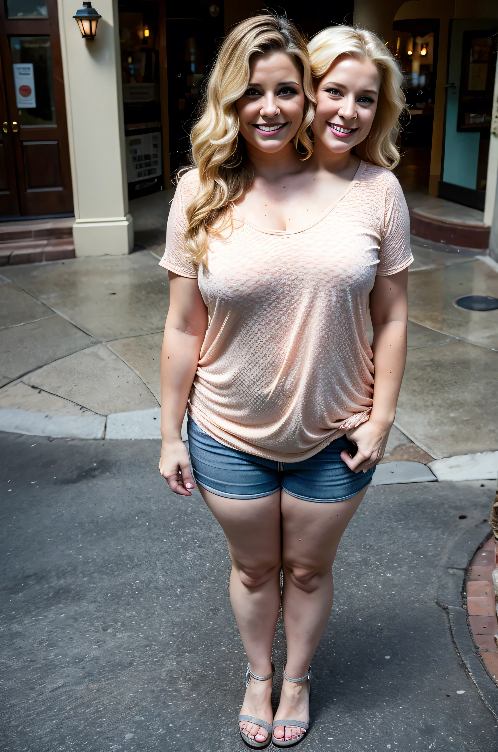 2heads, two headed mom, age 39, Irish, wavy blonde hair, curvy, loving, pretty, casual outfit, standing in Walt Disney World with her young daughter,