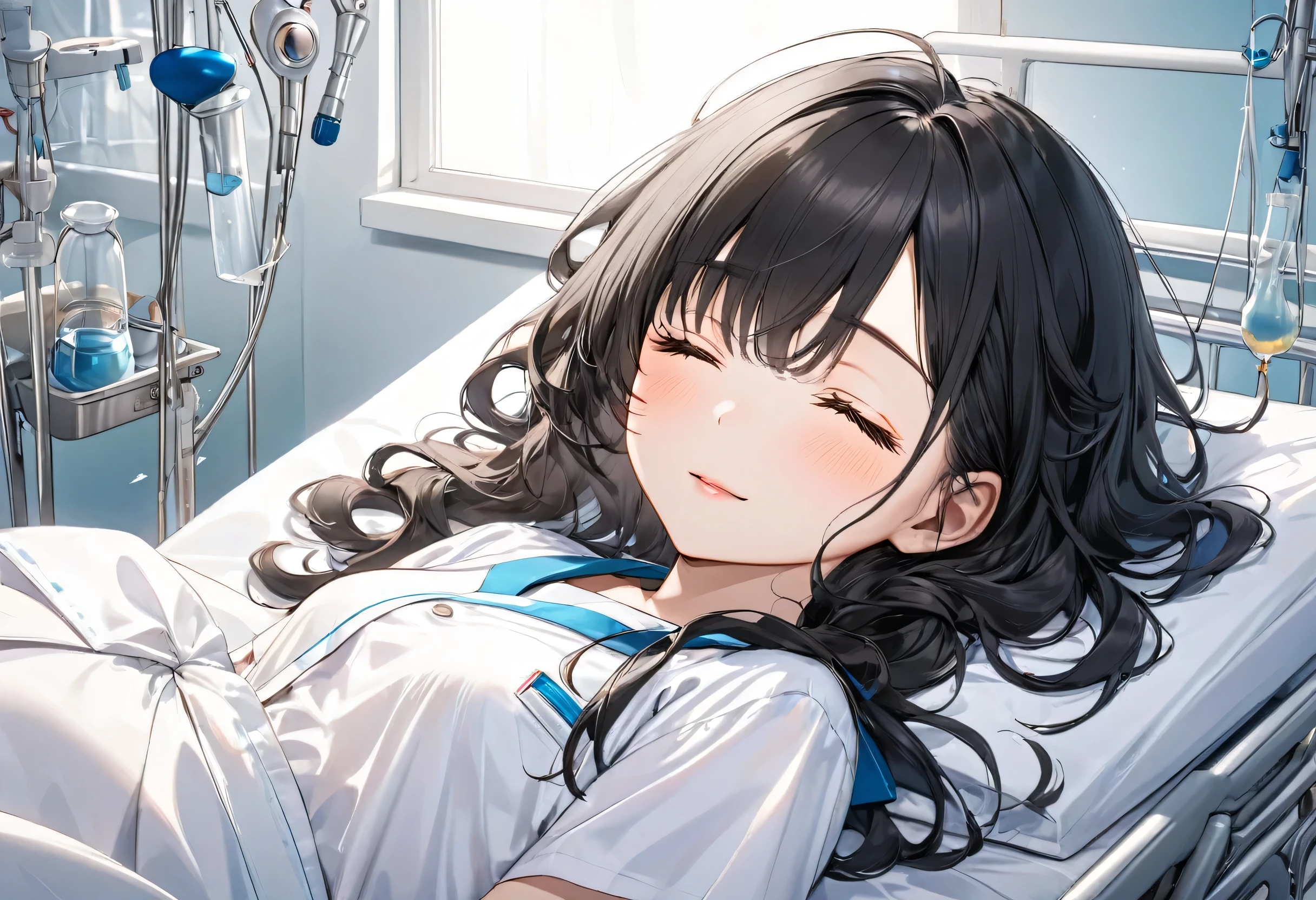 (rest style) (own back Lying on the bed), (solo curly:1.2 black hair long hair cute girl, cute closed eyes, Spacey face), ( yo), (in a white Hospital gown), BREAK, (in the Hospital bedroom, bed side on  Vital Instruments), BREAK, perfect anatomy, masterpiece, best quality, 16k, beautiful detailed grow, daydreaming expression.