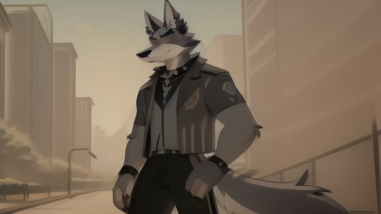 Vortex hellhound from Helluva Boss, standing in a park, He wears a black t-shirt with a gray vest with red spikes on the shoulders and black pants.
