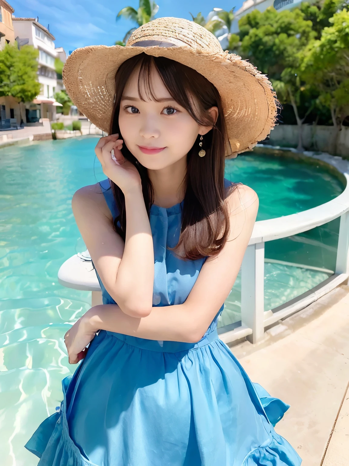 ((highest quality, 8k, masterpiece:1.3)), (Sunscreen Straw Hat：1.3),concentrated:1.2, Beautiful woman with perfect figure:1.4, Stick your butt out:1.2, ((Cut your hair in layers:1.2)), , (Dark Street:1.3), Highly detailed face and skin texture, Full Body Lesbian,Detailed eyes, double eyelid，Whitening the skin，Brown Hair,(With a round face:1.5),(Sky Blue Dress：1.6)。Ocean辺で微笑む、Ocean