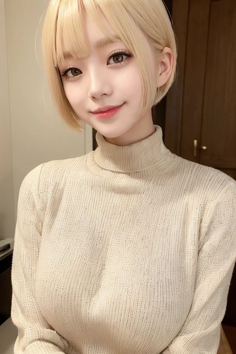 Genuine, masterpiece, highest quality, Photo of a woman smiling happily, Beautiful and detailed, Long, narrow eyes, Blindfold, Iris, Thin eyebrows, Delicate eyelashes, Long eyelashes, False eyelashes, (Blonde Hair, short hair, middle part:1.3), Small teeth visible, Black turtleneck sweater, Plain Pink Gold Necklace、(Huge breasts:1.2)