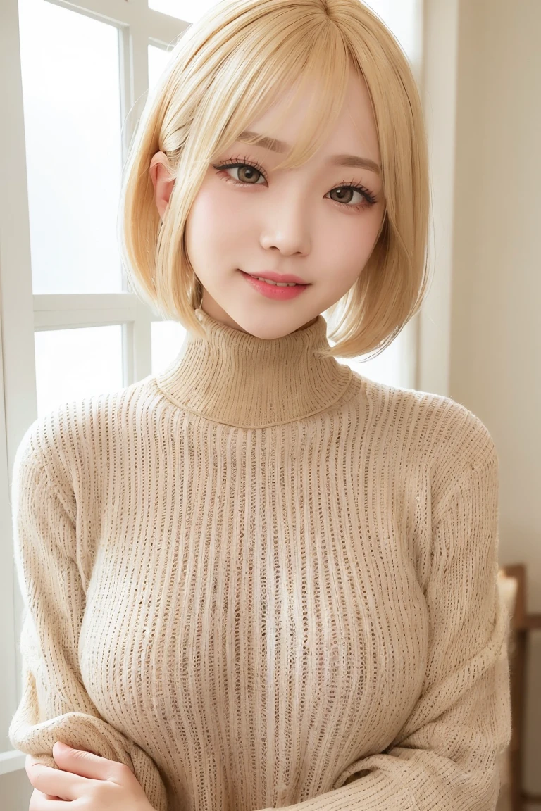 Genuine, masterpiece, highest quality, Photo of a woman smiling happily, Beautiful and detailed, Long, narrow eyes, Blindfold, Iris, Thin eyebrows, Delicate eyelashes, Long eyelashes, False eyelashes, (Blonde Hair, short hair, middle part:1.3), Small teeth visible, Black turtleneck sweater, Plain Pink Gold Necklace、（Huge breasts:1.2）