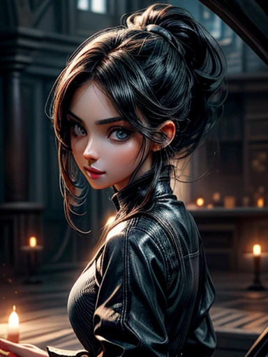 {Ana de Armas}, (Long ponytail hair with black bangs and slightly messy),, (olhos verdes, olhos altamente detalhado e brilhante), (full lips with dark lipstick), (perfect symmetrical body, cintura fina, quadril largo, magra), (facing away from the camera, usando um short curto, jaqueta jeans), imagem altamente detalhada, alta qualidade, 16K, Altamente hiper realista.