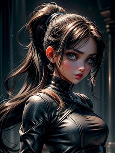 {Ana de Armas}, (Long ponytail hair with black bangs and slightly messy),, (olhos verdes, olhos altamente detalhado e brilhante), (full lips with dark lipstick), (perfect symmetrical body, cintura fina, quadril largo, magra), (facing away from the camera, usando um short curto, jaqueta jeans), imagem altamente detalhada, alta qualidade, 16K, Altamente hiper realista.