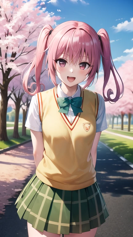 masterpiece, best quality, highres, Nana Asta Deviluke, long hair, twintails, , green bowtie, white shirt, sweater vest, short sleeves, plaid skirt, green skirt, standing, cowboy shot, outdoors, smile, open mouth, leaning forward, arms behind back, cherry blossoms,