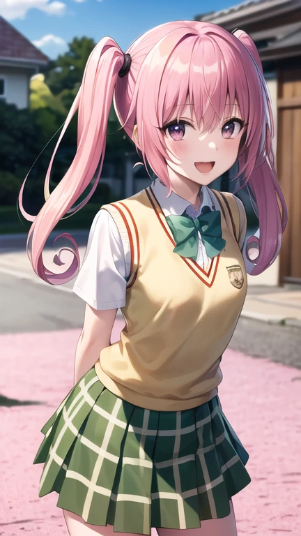 masterpiece, best quality, highres, Nana Asta Deviluke, long hair, twintails, , green bowtie, white shirt, sweater vest, short sleeves, plaid skirt, green skirt, standing, cowboy shot, outdoors, smile, open mouth, leaning forward, arms behind back, cherry blossoms,