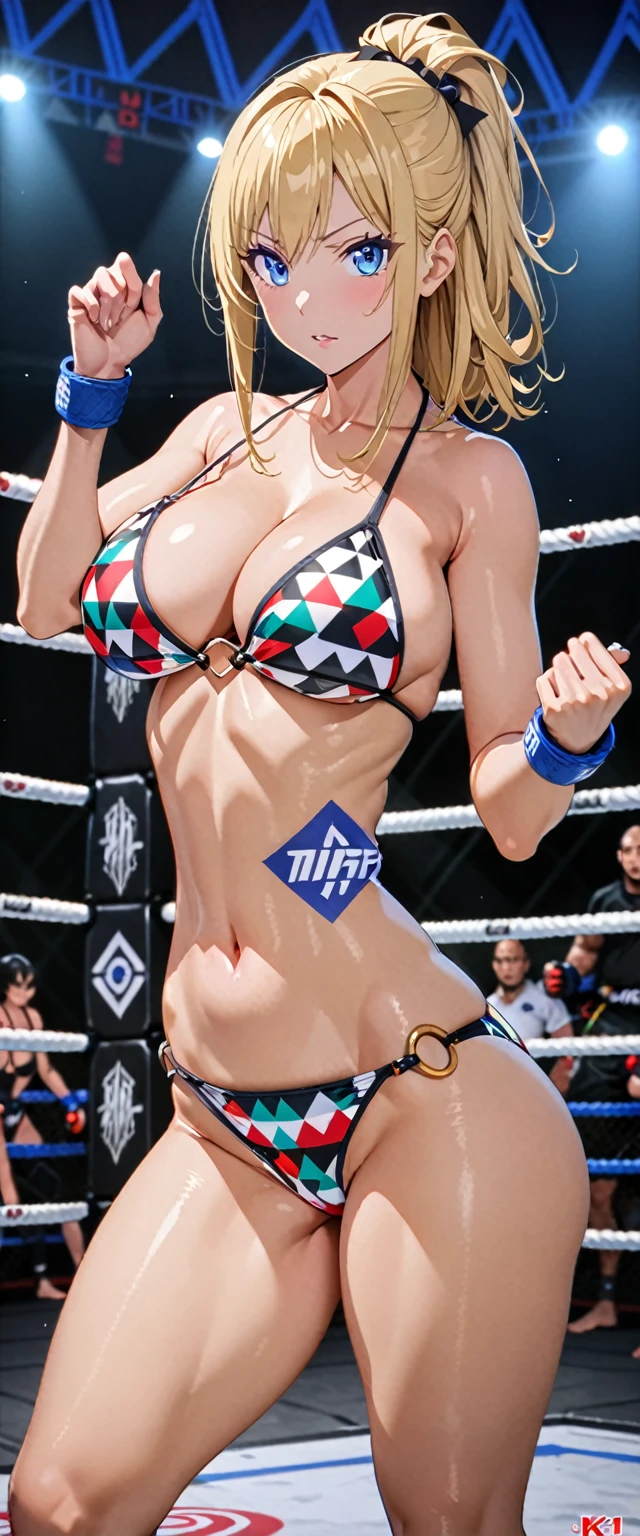 ((masterpiece)), ((high quality)), ((super detailed)), ((high resolution)) ,((8k)), a beautiful woman, ((She is one of the most famous female Gravure actress in the world.)), unparalleled beauty, ((huge breast)), ((large ass)), ((deep cleavage)), slim waist, chest out, ultra detailed face, perfect skin, (((Half-up hairstyle, Blonde straight hair))), blue eyes, detailed eyes, whole body image, (((anime))), ((glamorous)), 24 years old, ((incredibly beautiful woman)), ((The I cup bust)), ((((sling bikini ring wear, Geometric-print-bikini)))), ((beautiful breasts)), beautiful legs, 8 life size, anime, the most beautiful and strongest, ((charm)), ((Half Japanese and half British)), ((Grown-up face)), ((Open Finger Glove, Five fingers)), (((Women's mixed martial arts, A fighting arena))), ((Bewitching)), Sexy pose, ((Top K-1 Fighter)),
