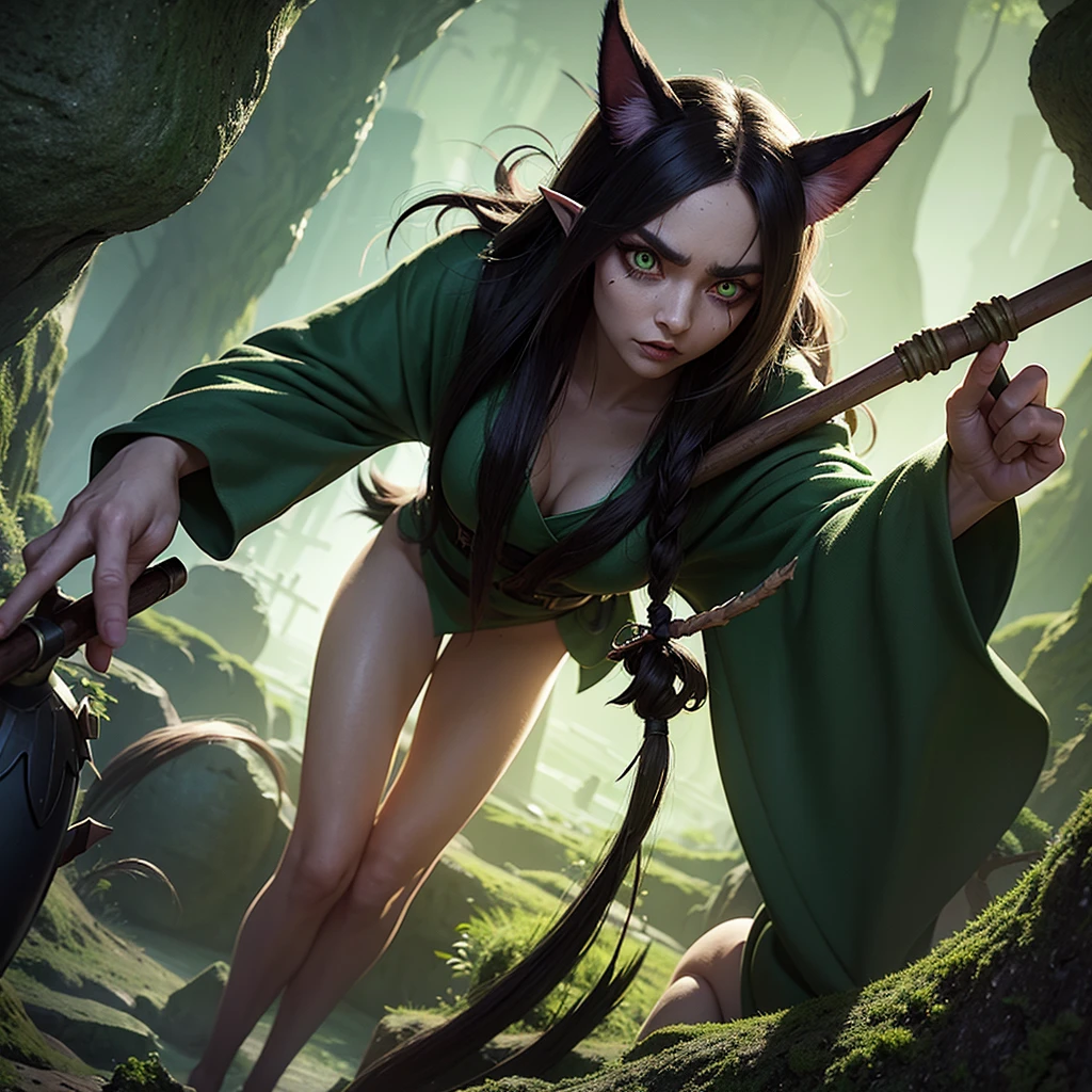 A clever, vicious, green goblin (big eyes, long ear hair, tattered mystic robe, wielding a pickaxe) lots of mystic pouches, quickly sneaking around a cavern