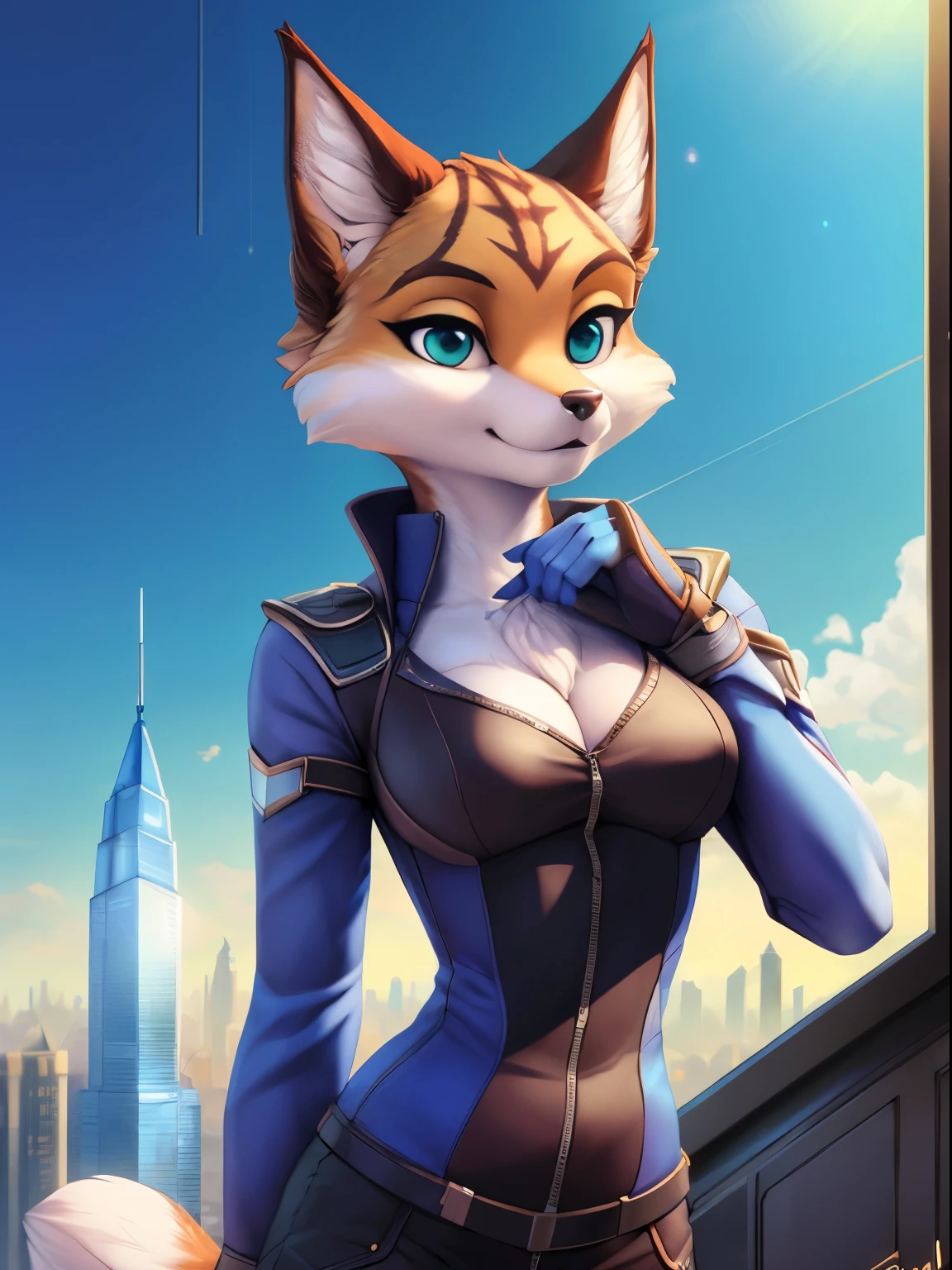 By iskra, by wolfy-nail, by Personalami, Krystal, Star Fox, female, (detailed), view of the viewer, fluffy, solo, 1 girl, high resolution, photorealistic, green eyes, ((clear structural details)), detailed realism, slim, soft, 4k, excellent quality, high details, (seductive), detailed fur, in the city, dressed like a detective, futuristic metropolitan cuty with endless skyscrapers, 8k,masterpiece,score_9,score_8,score_7,score_8_up,score_7_up,score_6_up, best quality, trending on artstation