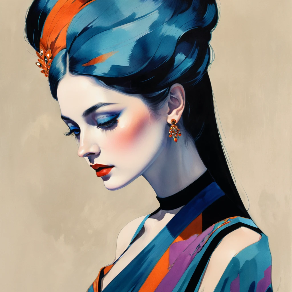 chiaroscuro technique on sensual illustration of an elegant queen , vintage ,silky dress, matte painting, by John Singer Sargent, by Harumi Hironaka, extremely soft colors, vibrant, pastel, highly detailed, digital artwork, high contrast, dark dramatic, refined, tonal, an intimate, seductive studio setting with a focus on sensuality and romance. Utilize soft, warm lighting that bathes the space in a gentle, inviting glow. Incorporate luxurious fabrics, plush furnishings, and a touch of decadence to evoke an opulent ambiance. Vibrant blues, reds, and oranges