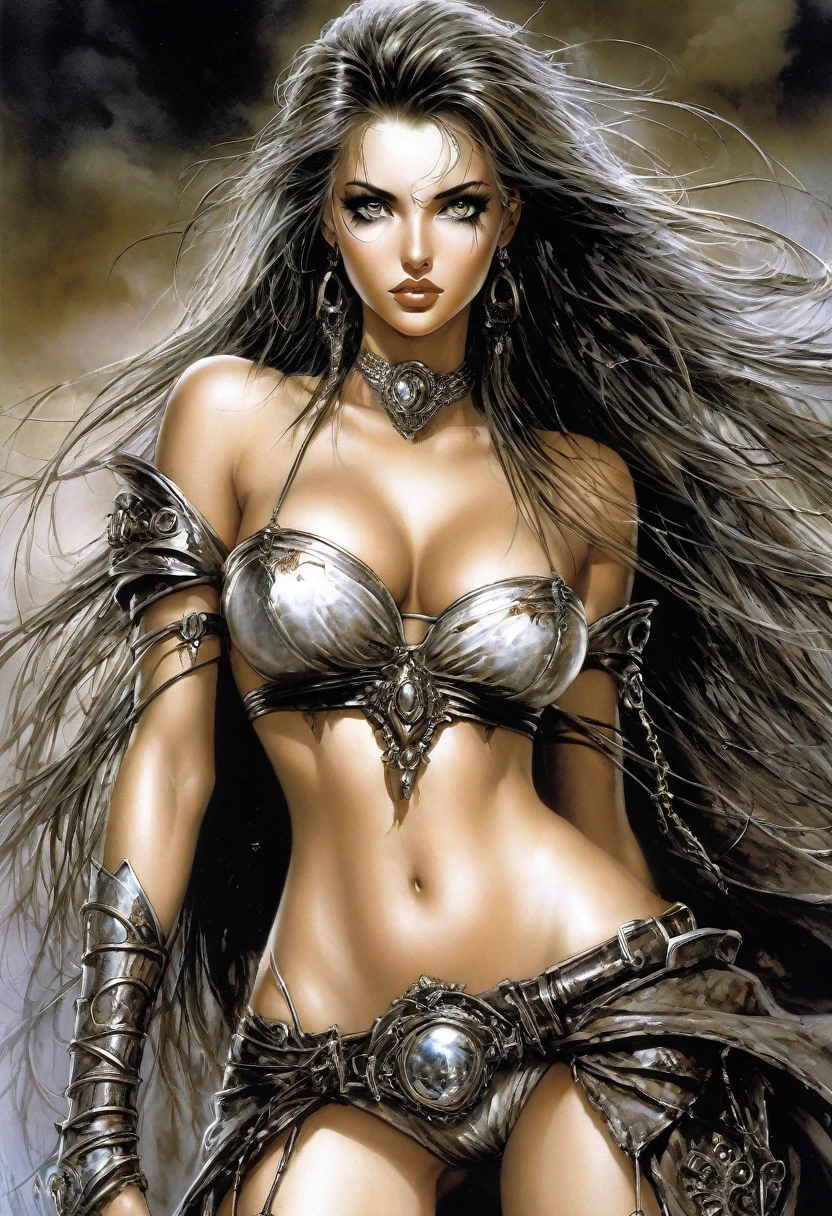 Create a hyper detailed photograph of a luis royo APOCALYPSE youthful glamorous, Stunningly perfect gorgeous face, perfect makeup, detailed vibrant eyes, hair, perfect beautiful legs, perfect beautiful arms, , abs, detailed smooth skin, big , big perfect ,