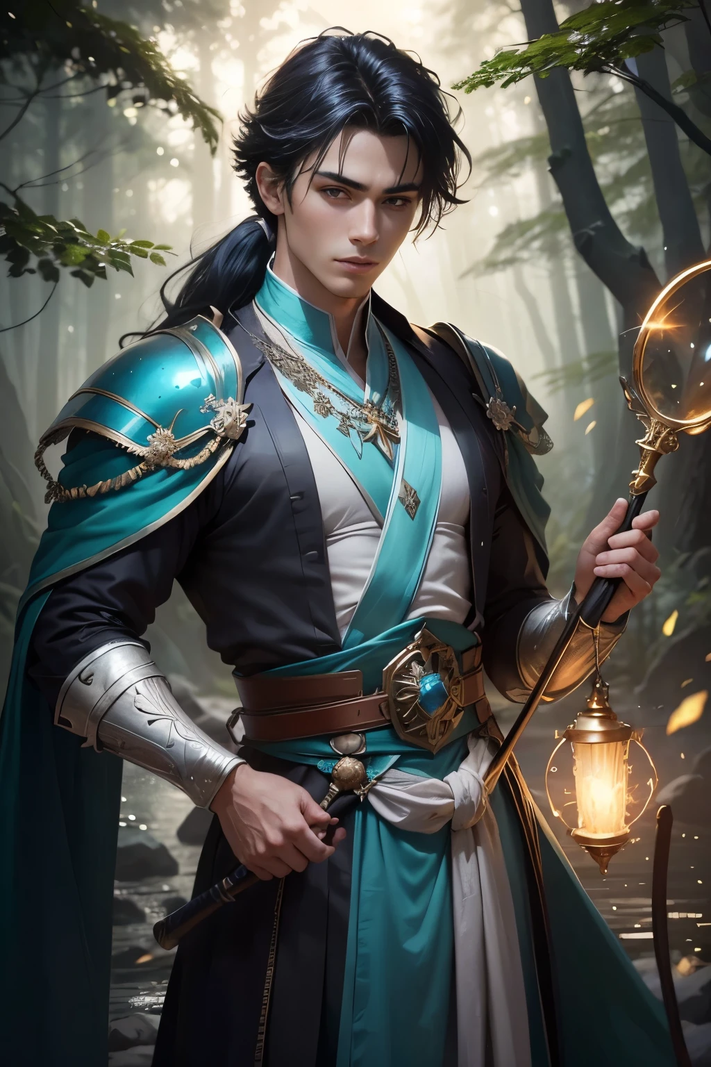 8K,Photorealsitic, Raw photography, top-quality;1.4) , (One young man 16 year old), Super handsome, (Lifelike face), blue-black hair, Handsome prince, Cyan silk robe, green decoration, glares, holding a staff, forests, realisitic, Precise details, unrealengine, Beautiful expression, Details of each part, electricity glows in the palm(effect), super high resolution, A hyper-realistic, attractive male, real looking skin, Fantasy Emperor, Handsome man, wind magic, water magic, forest at night, stars in the sky, (medium length hair with low ponytail), silk floating clothes, lots of fireflies