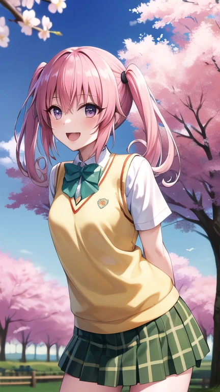 masterpiece, best quality, highres, Nana Asta Deviluke, long hair, twintails, , green bowtie, white shirt, sweater vest, short sleeves, plaid skirt, green skirt, standing, cowboy shot, outdoors, smile, open mouth, leaning forward, arms behind back, cherry blossoms,