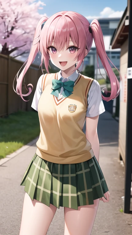 masterpiece, best quality, highres, Nana Asta Deviluke, long hair, twintails, , green bowtie, white shirt, sweater vest, short sleeves, plaid skirt, green skirt, standing, cowboy shot, outdoors, smile, open mouth, leaning forward, arms behind back, cherry blossoms,