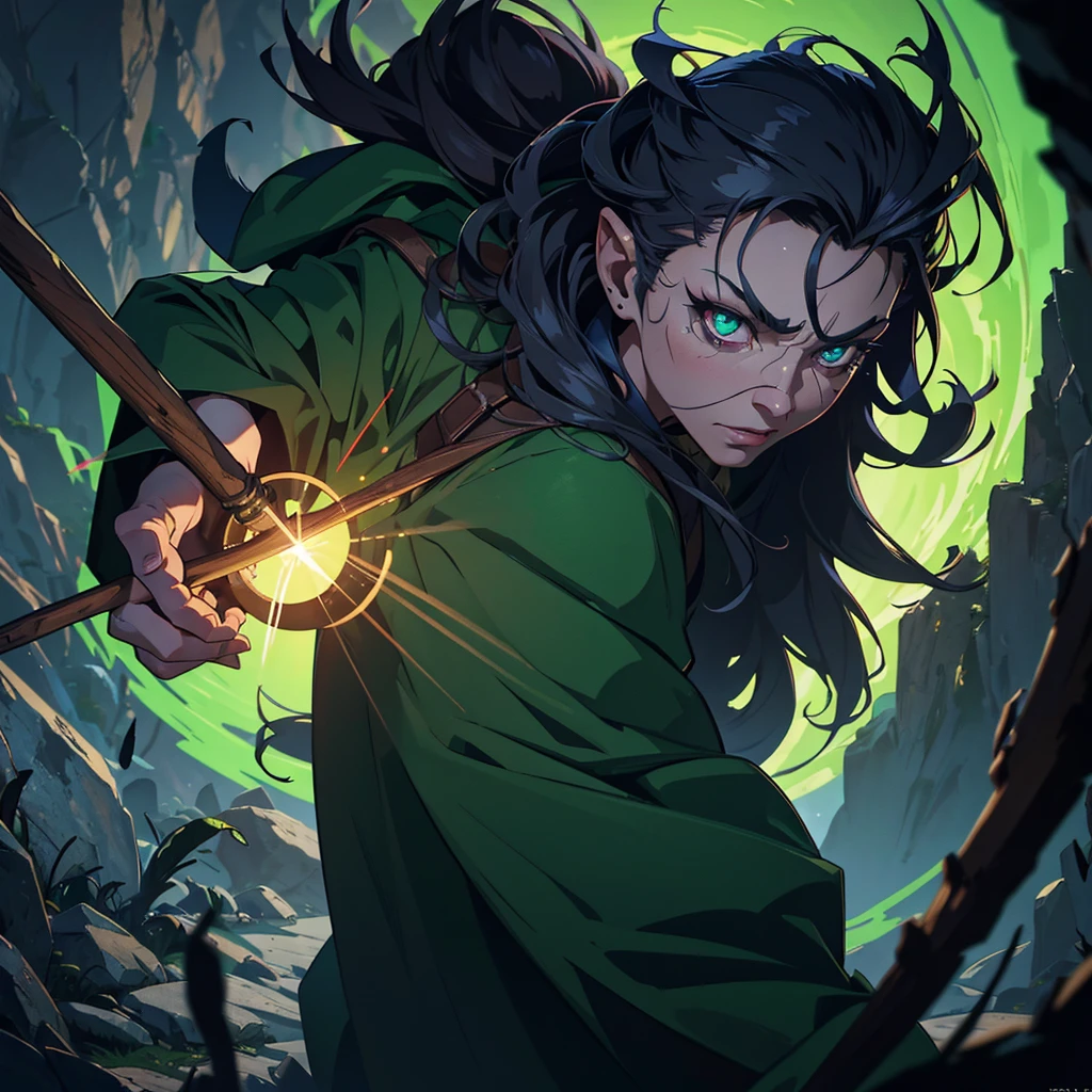 a clever vicious green goblin, big detailed eyes, long ear hair, tattered mystic robe, wielding a pickaxe, lots of mystic pouches, quickly sneaking around a cavern, (best quality,4k,8k,highres,masterpiece:1.2),ultra-detailed,(realistic,photorealistic,photo-realistic:1.37),dark fantasy,concept art,dramatic lighting,cinematic,highly detailed