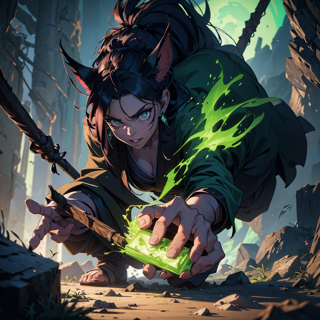 a clever vicious green goblin, big detailed eyes, long ear hair, tattered mystic robe, wielding a pickaxe, lots of mystic pouches, quickly sneaking around a cavern, (best quality,4k,8k,highres,masterpiece:1.2),ultra-detailed,(realistic,photorealistic,photo-realistic:1.37),dark fantasy,concept art,dramatic lighting,cinematic,highly detailed