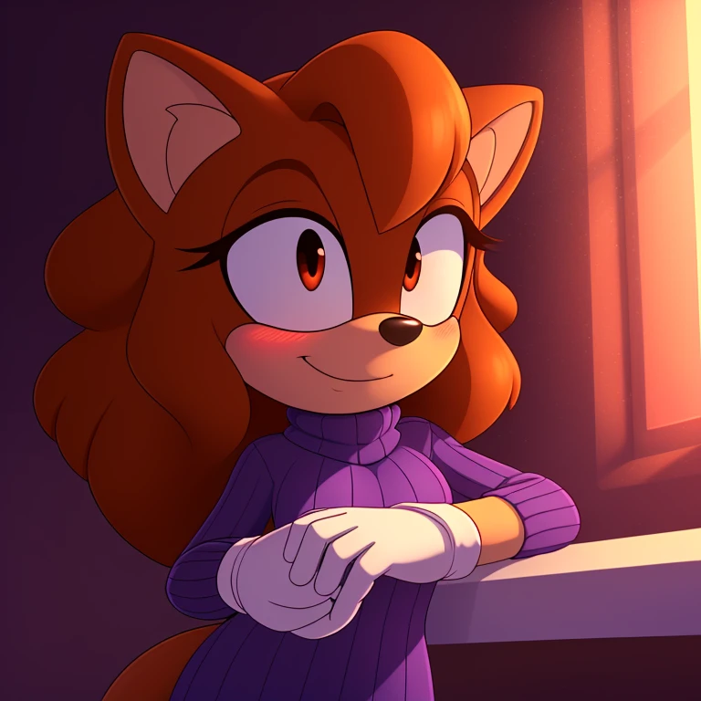 mobian, hedgehog, two-tone fur ((orange fur, brown fur)), brown hair with black highlights, curly hair, halo, sunglasses, jewellery, red eyes, longeyelashes, red eyes, smile, shy, blush, (((purple sweater dress, (white gloves), sexy, cuteness, masterpiece, 4k, high quality, studio quality, detailed, insanely detailed, extreme detail, refined detail, perfect detail, max detail, bright lighting