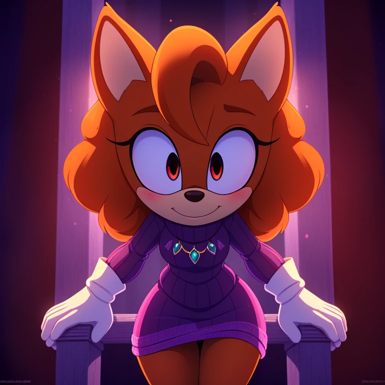 mobian, hedgehog, two-tone fur ((orange fur, brown fur)), brown hair with black highlights, curly hair, halo, sunglasses, jewellery, red eyes, longeyelashes, red eyes, smile, shy, blush, (((purple sweater dress, (white gloves), sexy, cuteness, masterpiece, 4k, high quality, studio quality, detailed, insanely detailed, extreme detail, refined detail, perfect detail, max detail, bright lighting