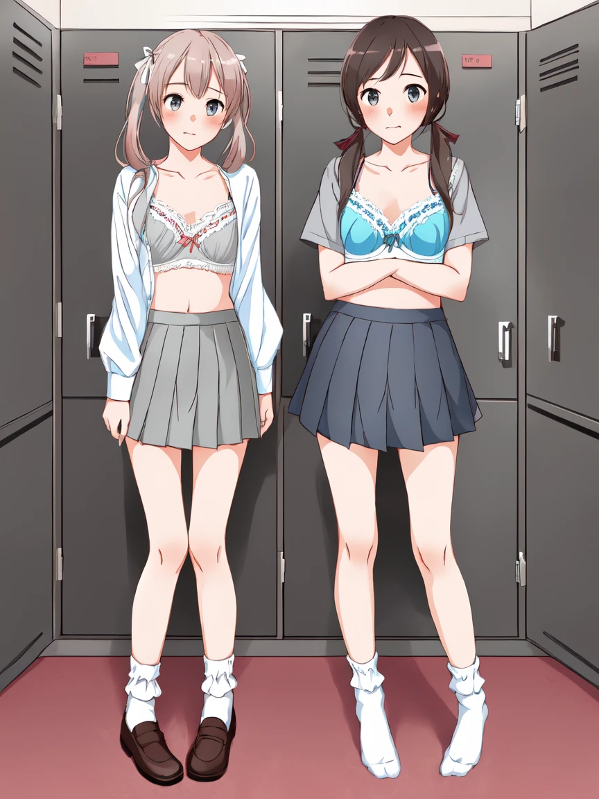 highest quality, Ultra-high resolution, (Realistic: )2D official style cel animation,((２People Girl))high school girl、Twin tails、White Big Ribbon、Grey mini skirt,summer shirt,Unbutton、(Lace panties、Lace bra),loose socks,Full body portrait,sunny,blush、locker room、Changing clothes