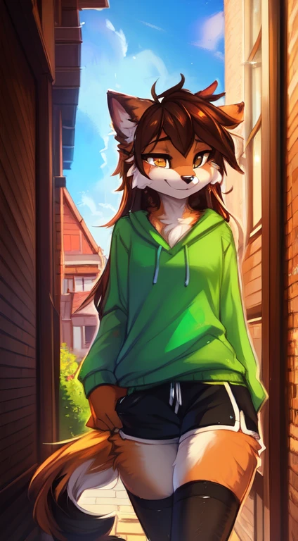 uploaded the E621, (by kenket, Ross Tran, ruan jia, zaush, foxovh, by Zackary911, by hyattlen, by teranen, by fumiko, by Pixelsketcher, by Bayard Wu, by Thomas Benjamin Kennington, by Einshelm, by Kilinah, by Coffeesoda, by Hioshiru, by fluff-kevlar, by r-mk, by Dimwitdog), beautiful and detailed portrait of a woman (((female))) anthro cat, lighting Zenematic, seductor, bl, cat, thighighs, big chest, full body, beautiful, messy hair, brown hair, white eyes, thicc, alone, standing, long hair, 2 tone hair ((orange | black)), cat ears, totora, totora, thighighs, calico cat, heterochromia ((green | blue)), unziped hoddie ((Green T-Shirt)), Leggings, smug smile, alley