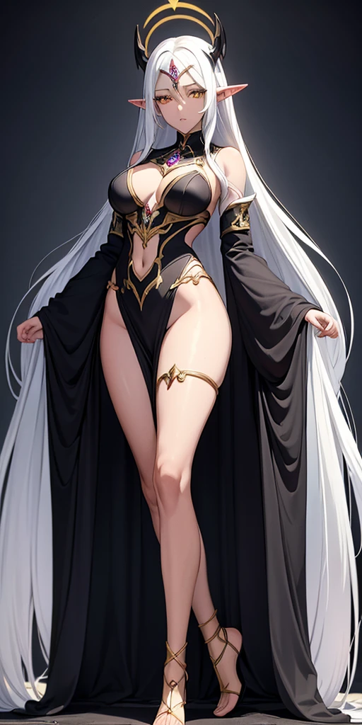 (Masterpiece, plain background:1.2) Female full body, standing straight symmetrical feet together, blood dark elf, dark skin, long messy white hair, 2longs elf ars, circlet, yellow eyes, 1990s (style), female 1sologirl