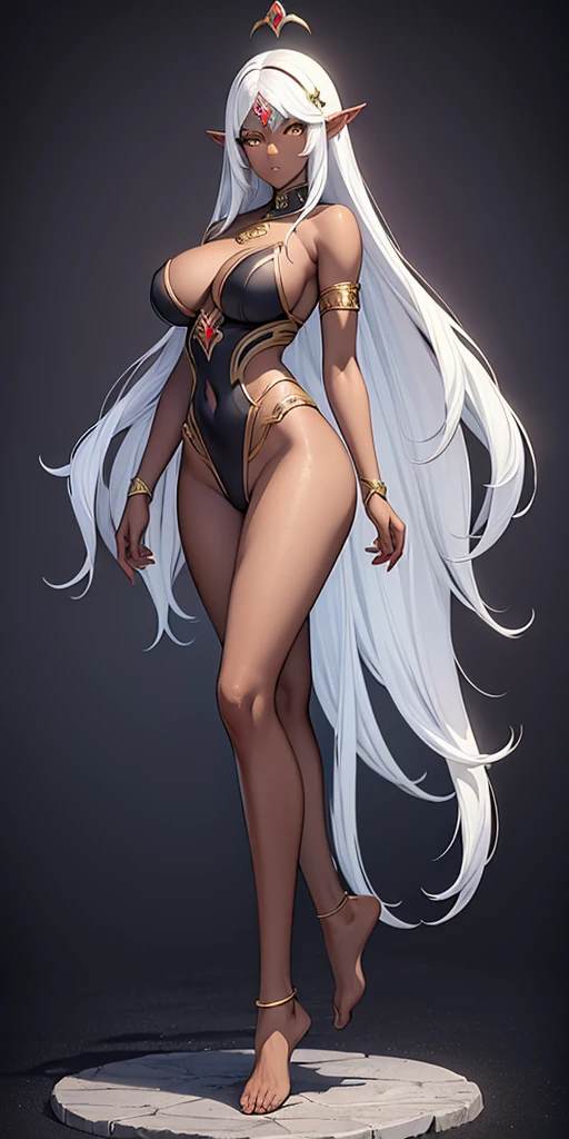 (Masterpiece, plain background:1.2) Female full body, standing straight symmetrical feet together, blood dark elf, dark skin, long messy white hair, 2longs elf ars, circlet, yellow eyes, 1990s (style), female 1sologirl