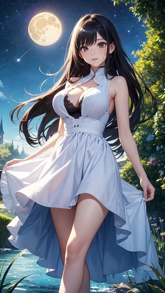 （Close-up of the painting style，8k ultra high definition，Masterpiece grade vista CG wallpaper）Magnificent sky，cute girly，Perfect slim body，Colorful sleeveless dress，Pure eyes，Smooth skin，Stroll through the colorful gardens，background moon，Galaxy River，dreamy sky。Spy Family Jorfoger style、breast enhancement