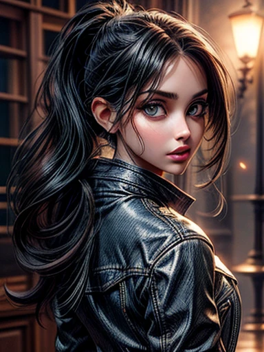 {Ana de Armas}, (Long ponytail hair with black bangs and slightly messy),, (olhos verdes, olhos altamente detalhado e brilhante), (full lips with dark lipstick), (perfect symmetrical body, cintura fina, quadril largo, magra), (corpo inteiro, facing away from the camera, usando um short curto, jaqueta jeans), imagem altamente detalhada, alta qualidade, 16K, Altamente hiper realista.
