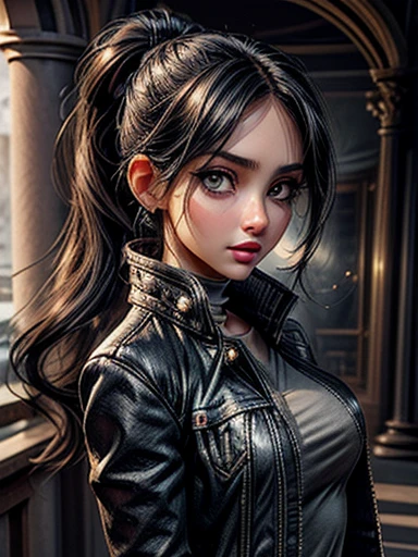 {Ana de Armas}, (Long ponytail hair with black bangs and slightly messy),, (olhos verdes, olhos altamente detalhado e brilhante), (full lips with dark lipstick), (perfect symmetrical body, cintura fina, quadril largo, magra), (corpo inteiro, facing away from the camera, usando um short curto, jaqueta jeans), imagem altamente detalhada, alta qualidade, 16K, Altamente hiper realista.