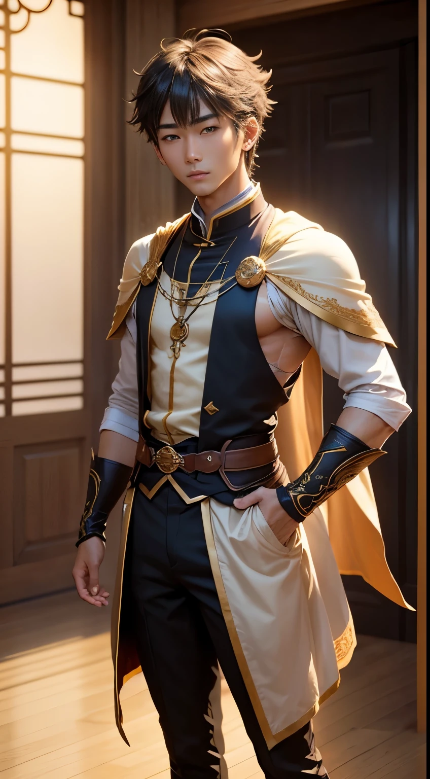 1 male human、A tall、Little tan、animesque、Fantasy attire、quadratic element