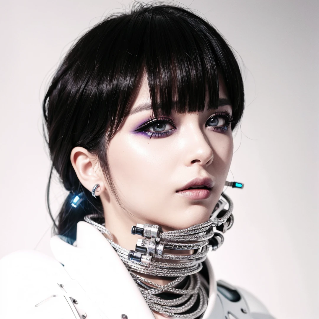 Android ciborg robot piercings cyberpunk makeup and face details futuristic punk metal silver