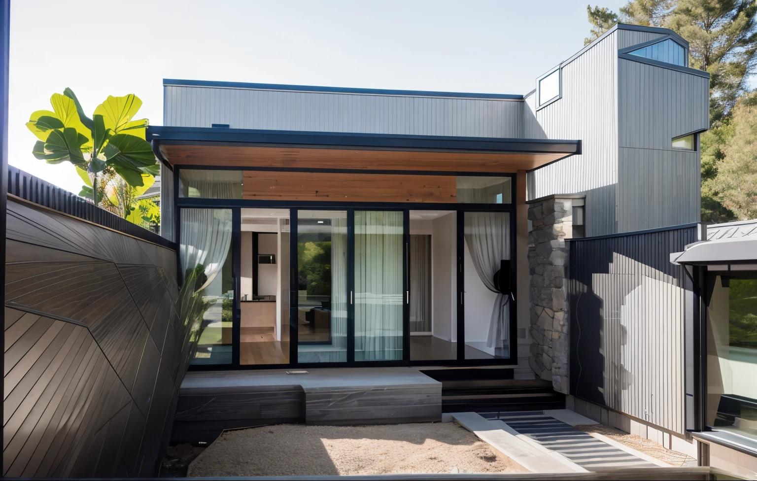 house exterior contemporary style, modernism, glass doors and windows,black metal rail, conwood ceilling, masterpiece, highquality, realistic photo, canon eos 5D mark, natural light,