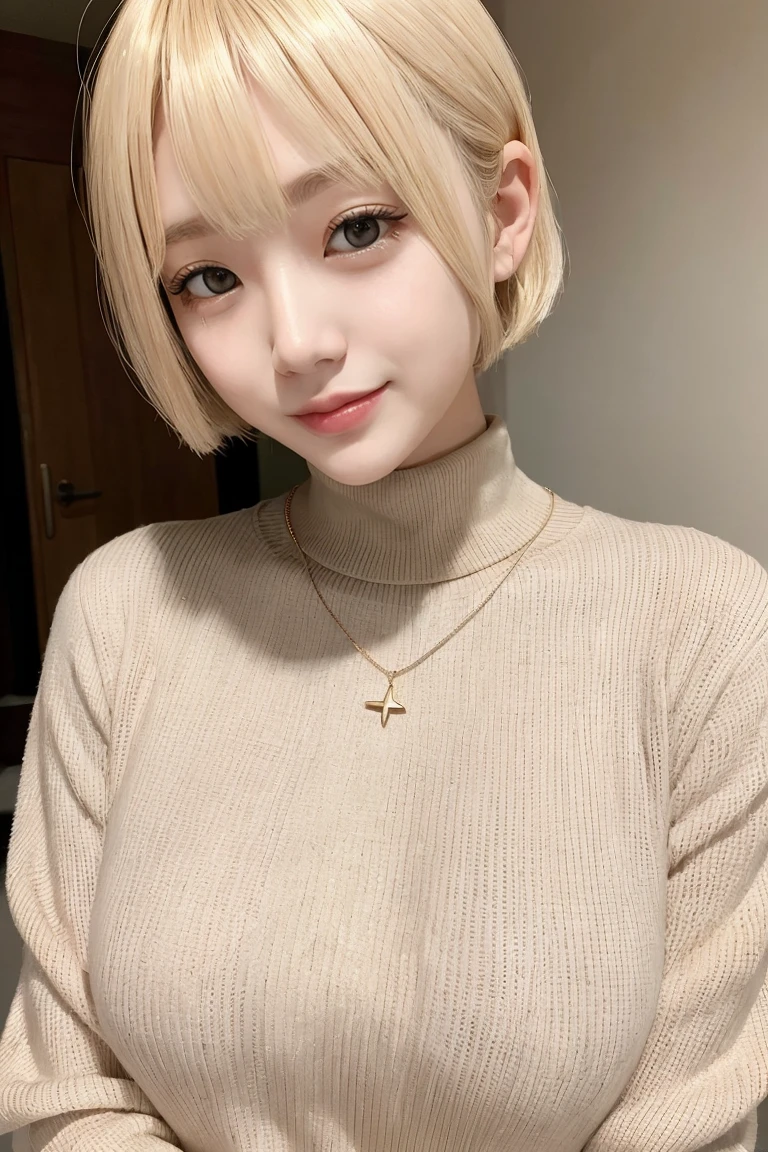 Genuine, masterpiece, highest quality, Photo of a woman smiling happily, Beautiful and detailed, Long, narrow eyes, Blindfold, Iris, Thin eyebrows, Delicate eyelashes, Long eyelashes, False eyelashes, (Blonde Hair, short hair, middle part:1.3), Small teeth visible, Black turtleneck sweater, Plain Pink Gold Necklace、（Huge breasts:1.2）、whole body