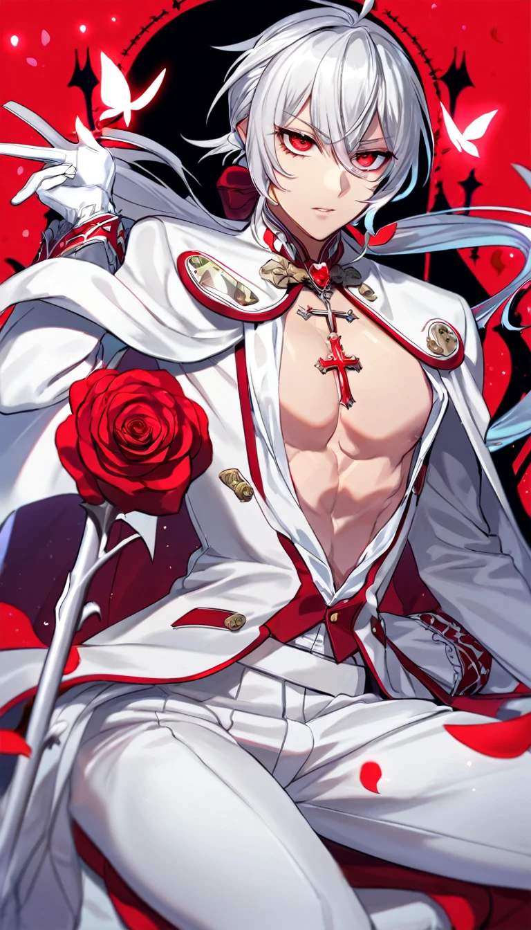 Ultra detailed, HDR, Highres, absurdres, master piece, Ferid Bathory, silver long hair tied in a low ponytail, expressive red eyes, white cape, Owari No Seraph, white vampire clothes, red glittering butterflies, petals, fantasy, red roses, sexy man, solo, extremely detailed face and eyes, handsome, glittering, toned chest, white pants, white gloves, red background, red flames, cross, sitting, vampire