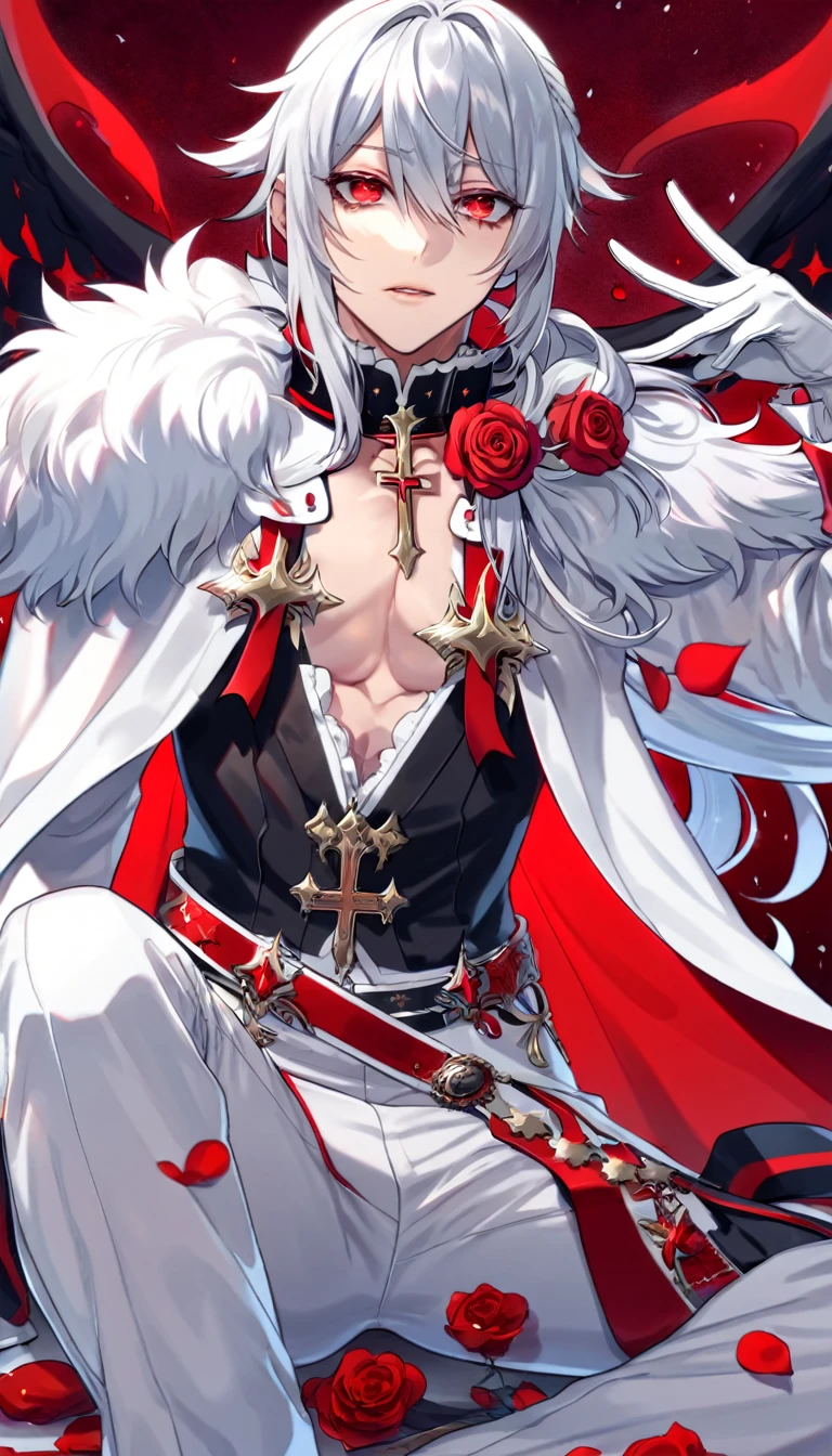 Ultra detailed, HDR, Highres, absurdres, master piece, Ferid Bathory, silver long hair tied in a low ponytail, expressive red eyes, white cape, Owari No Seraph, white vampire clothes, red glittering butterflies, petals, fantasy, red roses, sexy man, solo, extremely detailed face and eyes, handsome, glittering, toned chest, white pants, white gloves, red background, red flames, cross, sitting, vampire
