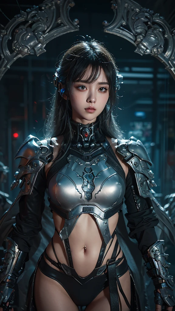tmasterpiece,Best quality,A high resolution,8K,(Portrait photograph:1.5),(ROriginal photo),real photograph,digital photography,(Combination of cyberpunk and fantasy style),(Female soldier),20 year old girl,random hair style,By bangs,(Red eyeigchest, accessories,Keep one's mouth shut,elegant and charming,Serious and arrogant,Calm and handsome,(Cyberpunk combined with fantasy style clothing,Openwork design,joint armor,Combat uniformposing your navel,Photo pose,Realisticstyle,gray world background,oc render reflection texture