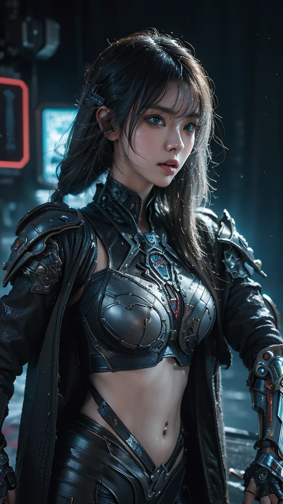 tmasterpiece,Best quality,A high resolution,8K,(Portrait photograph:1.5),(ROriginal photo),real photograph,digital photography,(Combination of cyberpunk and fantasy style),(Female soldier),20 year old girl,random hair style,By bangs,(Red eyeigchest, accessories,Keep one's mouth shut,elegant and charming,Serious and arrogant,Calm and handsome,(Cyberpunk combined with fantasy style clothing,Openwork design,joint armor,Combat uniformposing your navel,Photo pose,Realisticstyle,gray world background,oc render reflection texture