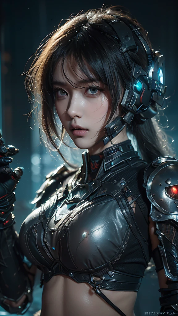 tmasterpiece,Best quality,A high resolution,8K,(Portrait photograph:1.5),(ROriginal photo),real photograph,digital photography,(Combination of cyberpunk and fantasy style),(Female soldier),20 year old girl,random hair style,By bangs,(Red eyeigchest, accessories,Keep one's mouth shut,elegant and charming,Serious and arrogant,Calm and handsome,(Cyberpunk combined with fantasy style clothing,Openwork design,joint armor,Combat uniformposing your navel,Photo pose,Realisticstyle,gray world background,oc render reflection texture
