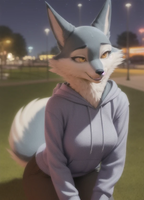 porshacrystal, furry female anthro, wolf girl, portrait, close-up,  (hoodie:1.2), solo, (body fur:1.2), (best quality), (detailed park night background:1.2), dramatic lighting, (detailed fluffy fur:1.1), looking at viewer, 