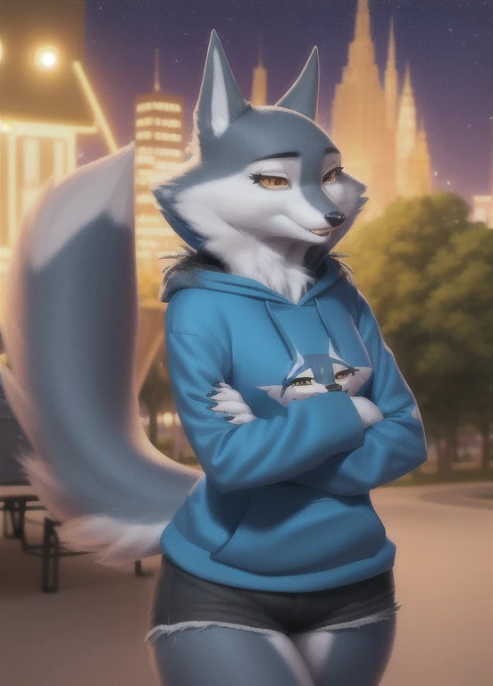 porshacrystal, furry female anthro, wolf girl, portrait, close-up,  (hoodie:1.2), solo, (body fur:1.2), (best quality), (detailed park night background:1.2), dramatic lighting, (detailed fluffy fur:1.1), looking at viewer, 