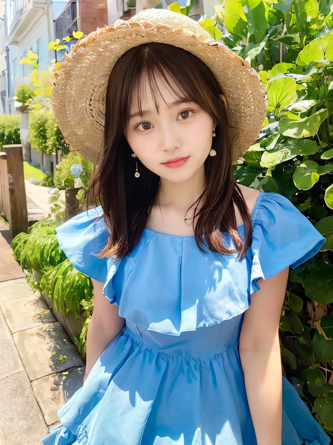 ((highest quality, 8k, masterpiece:1.3)), (Sunscreen Straw Hat：1.3),concentrated:1.2, Beautiful woman with perfect figure:1.4, Stick your butt out:1.2, ((Cut your hair in layers:1.2)), , (Dark Street:1.3), Highly detailed face and skin texture, Full Body Lesbian,Detailed eyes, double eyelid，Whitening the skin，Brown Hair,(With a round face:1.5),(Sky Blue Dress：1.6)。Ocean辺で微笑む、Ocean