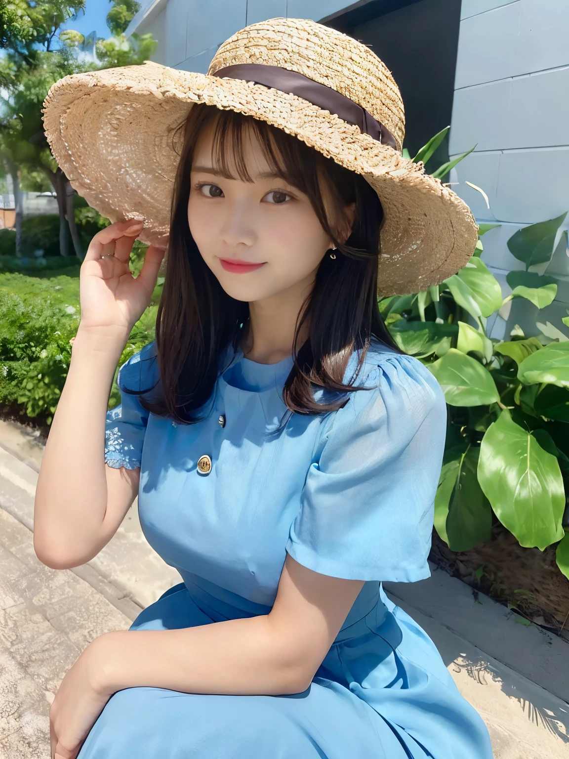 ((highest quality, 8k, masterpiece:1.3)), (Sunscreen Straw Hat:1.3),concentrated:1.2, Beautiful woman with perfect figure:1.4, Stick your butt out:1.2, ((Cut your hair in layers:1.2)), , (Dark Street:1.3), Highly detailed face and skin texture, Full Body Lesbian,Detailed eyes, double eyelid,Whitening the skin,Brown Hair,(With a round face:1.5),(Sky Blue Dress:1.6)。Ocean辺で微笑む、Ocean