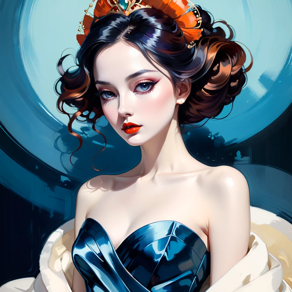 chiaroscuro technique on sensual illustration of an elegant queen , vintage ,silky dress, matte painting, by John Singer Sargent, by Harumi Hironaka, extremely soft colors, vibrant, pastel, highly detailed, digital artwork, high contrast, dark dramatic, refined, tonal, an intimate, seductive studio setting with a focus on sensuality and romance. Utilize soft, warm lighting that bathes the space in a gentle, inviting glow. Incorporate luxurious fabrics, plush furnishings, and a touch of decadence to evoke an opulent ambiance. Vibrant blues, reds, and oranges