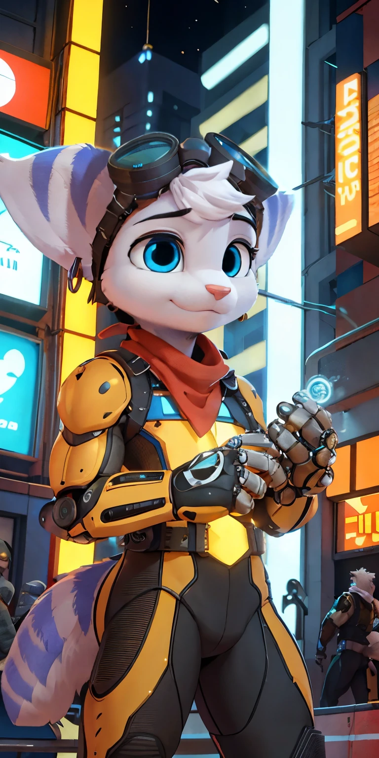 1girl, furry, rivetlombax, blue eyes, animal ears, earrings, goggles on head, bangs, mechanical arms, scarf, bodysuit, belt, tail, city,fantasy art 8k,masterpiece,score_9,score_8,score_7,score_8_up,score_7_up,score_6_up, game, magic, anime, cartoon, best quality, trending on artstation,full body