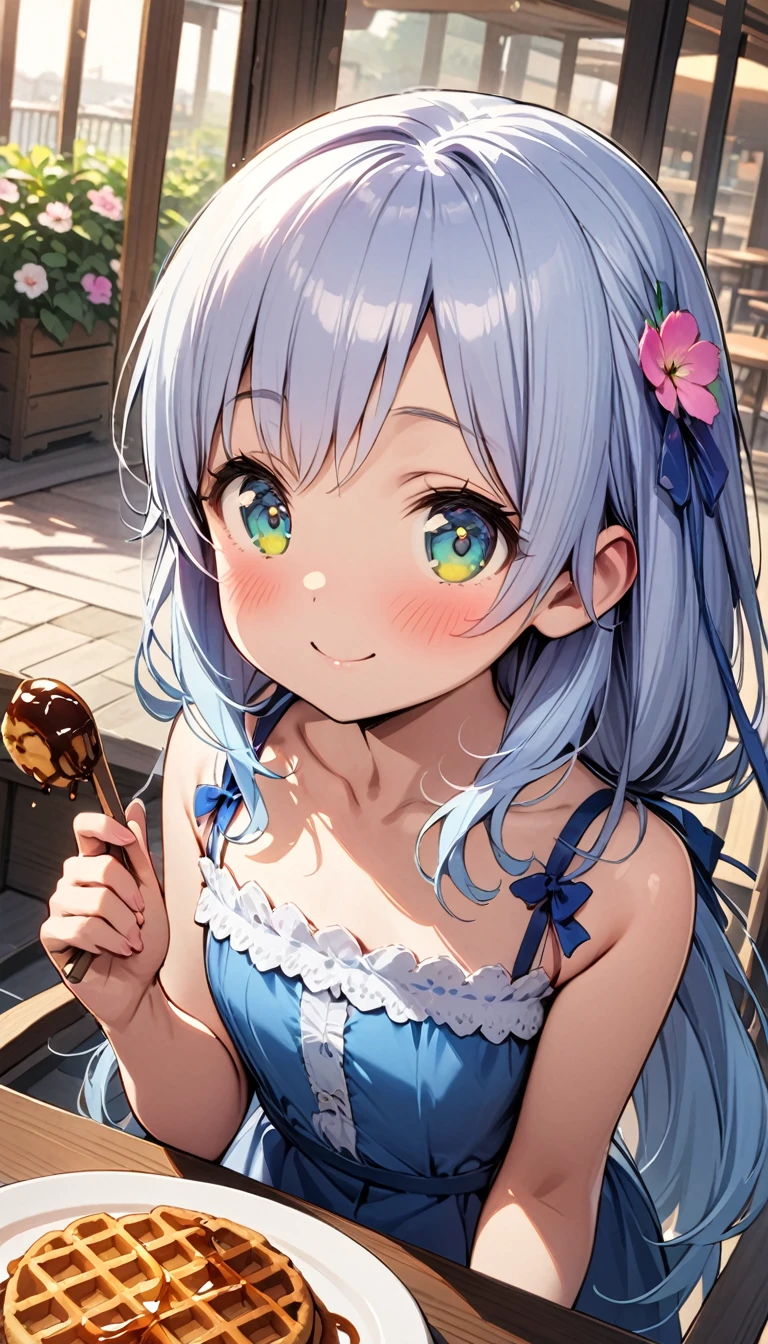 masterpiece, best quality, extremely detailed, (illustration, official art:1.1), 1 girl ,(((( light blue long hair)))), ,(((( light blue long hair)))),light blue hair, ,, long hair ((blush)) , cute face, big eyes, masterpiece, best quality,(((((a very delicate and beautiful girl))))),Amazing,beautiful detailed eyes,blunt bangs((((little delicate girl)))),tareme(true beautiful:1.2), sense of depth,dynamic angle,,,, affectionate smile, (true beautiful:1.2),,(tiny 1girl model:1.2),)(flat chest),girl,(Open terrace coffee shop),(Beautiful and colorful flowers are displayed outside.),(Caramel-filled waffles on a plate),(caramel colored drink),(close up of face:1.1),happy smile
