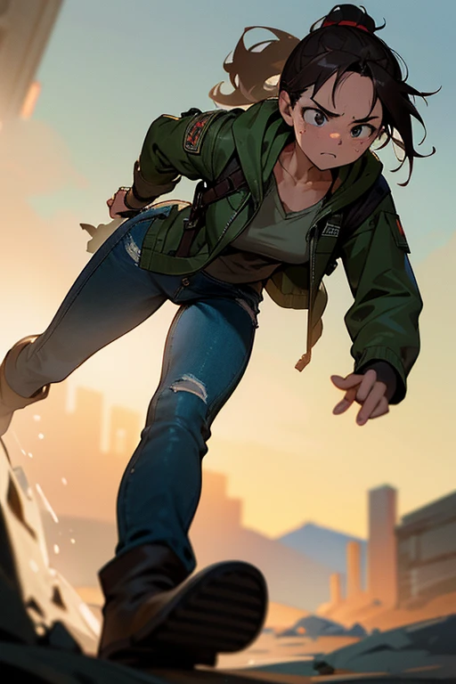a 14-year-old girl,wavy brown hair in ponytail,large expressive eyes,subtle freckles,rugged green military jacket,hoodie,worn-out jeans,sturdy boots,backpack,serious focused expression,contemplative surprised expression,dynamic anime style,detailed portrait,cinematic lighting,vibrant colors,warm tones,gritty texture,cinematic composition,masterpiece,(best quality,8k,photorealistic,highly detailed,cinematic,dramatic lighting:1.2)