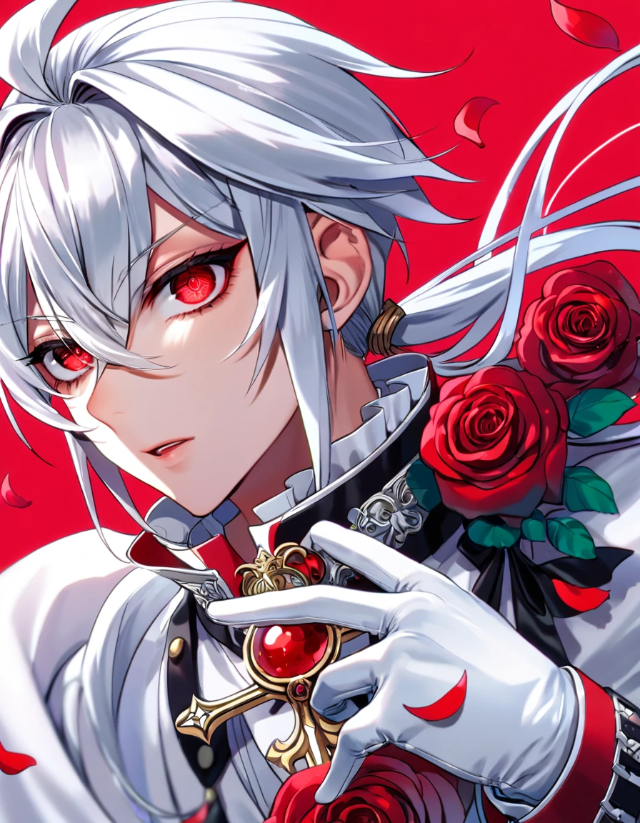 Ultra detailed, HDR, Highres, absurdres, master piece, Ferid Bathory, silver long hair tied in a low ponytail, expressive red eyes, white cape, Owari No Seraph, white vampire clothes, red glittering butterflies, petals, fantasy, red roses, sexy man, solo, extremely detailed face and eyes, handsome, glittering, white gloves, red background, red flames, cross, vampire