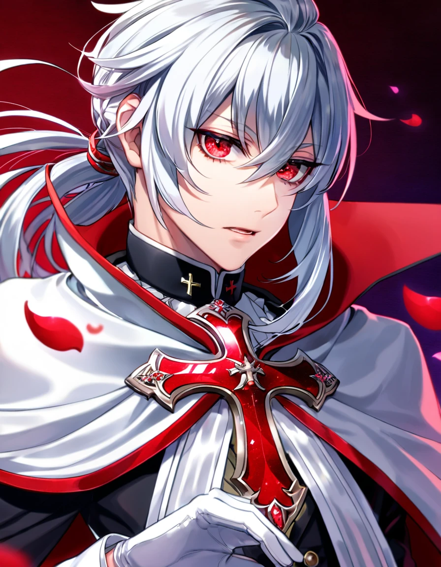Ultra detailed, HDR, Highres, absurdres, master piece, Ferid Bathory, silver long hair tied in a low ponytail, expressive red eyes, white cape, Owari No Seraph, white vampire clothes, red glittering butterflies, petals, fantasy, red roses, sexy man, solo, extremely detailed face and eyes, handsome, glittering, white gloves, red background, red flames, cross, vampire
